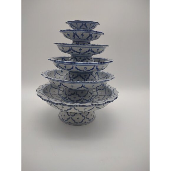 Vintage Set of 6 Blue White Floral Porcelain Stacking Pedestal Bowls 9.5” Tall - Picture 4 of 17